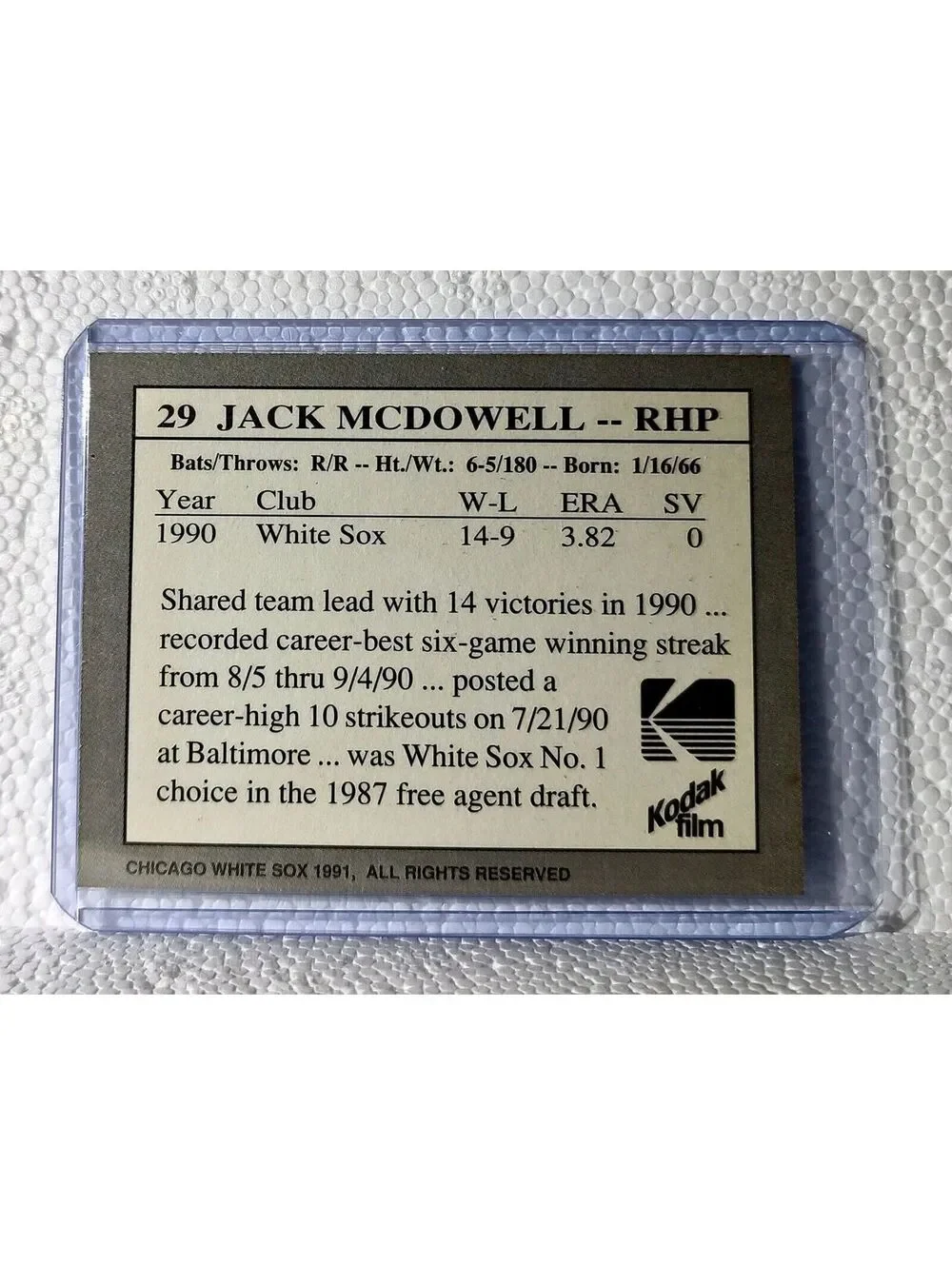 Jack McDowell 1991 Kodak Film MLB #29 Baseball Card Chicago White Sox